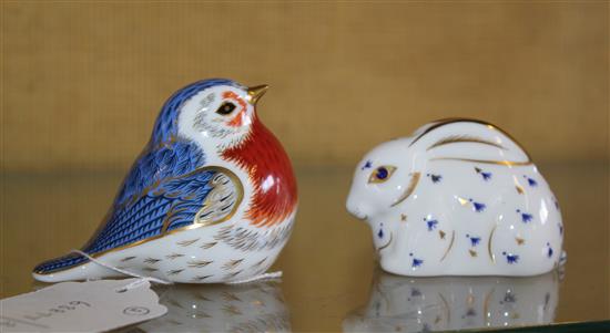 Two Crown Derby paperweights, Rabbit & Anniversary Robin (gold stoppers)